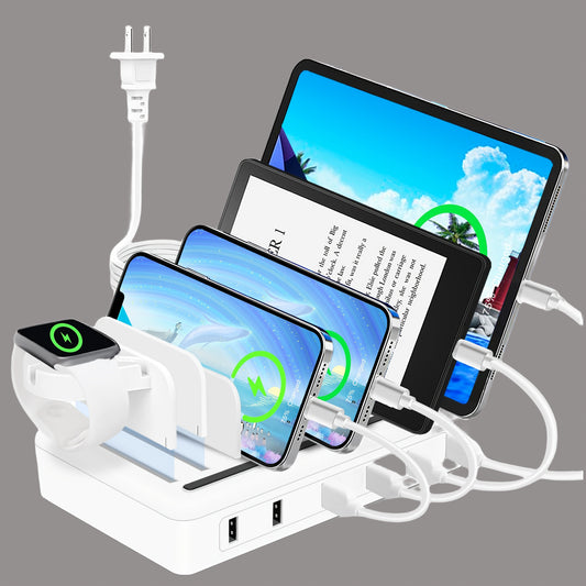 Fast Charging Station For Multiple Devices, 50W 6-Ports USB Charging Station With10-Slot, Detachable Dividers, Watch Holder, Compatible With Phone/iPad/Kindle/Tablet