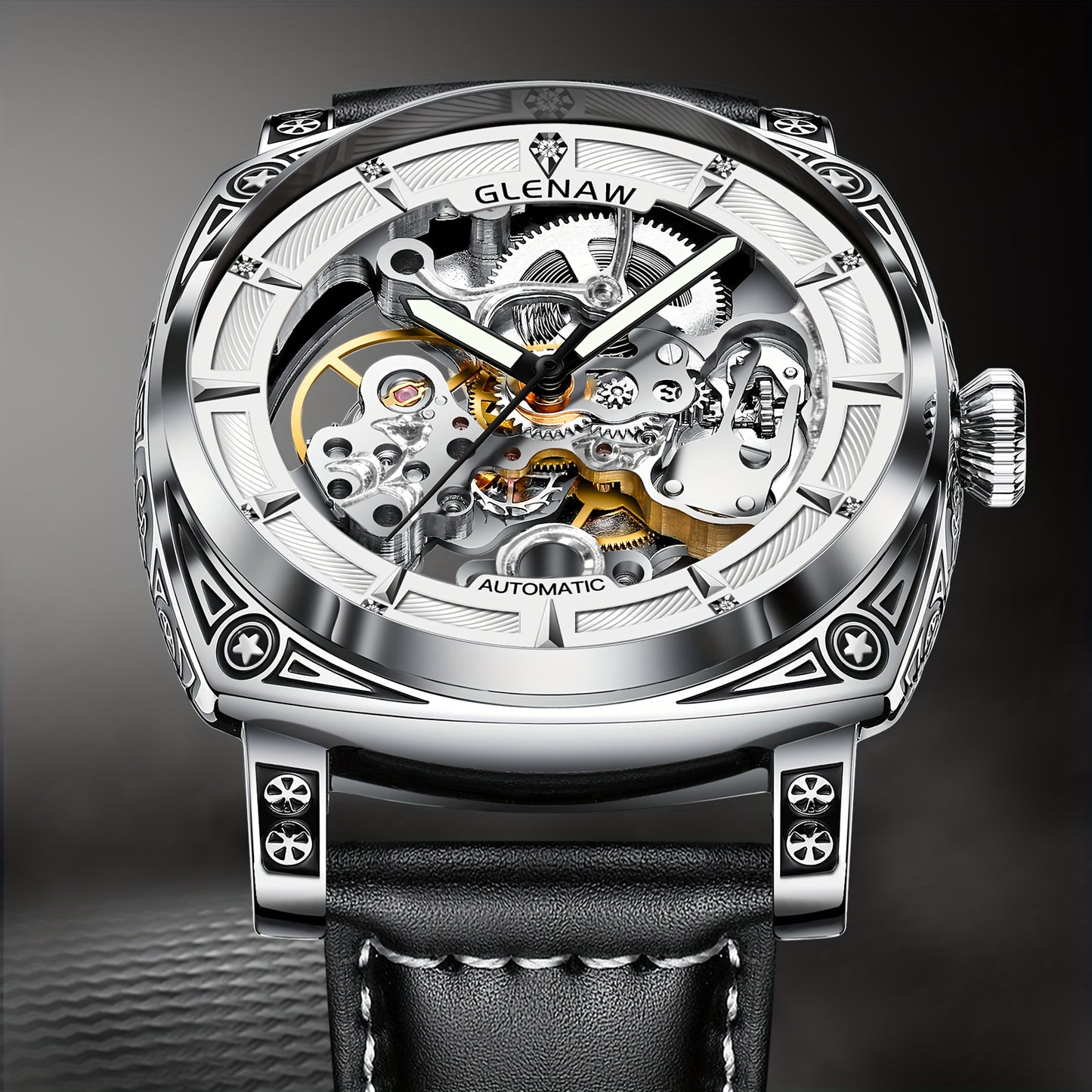 Elegant Vintage-Style Men's Automatic Watch with Hollow-Out Rhinestone Dial, Stainless Steel 30M Waterproof – Ideal Gift Choice
