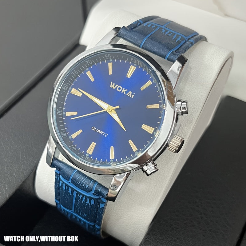 [Popular Choice] TOOP Men's Elegant Business Quartz Watch - Sophisticated Blue Dial with Golden-Tone Hands, Faux Leather Strap, Date Display, Non-Waterproof, Round Plastic Case, Simple, Quartz Watch