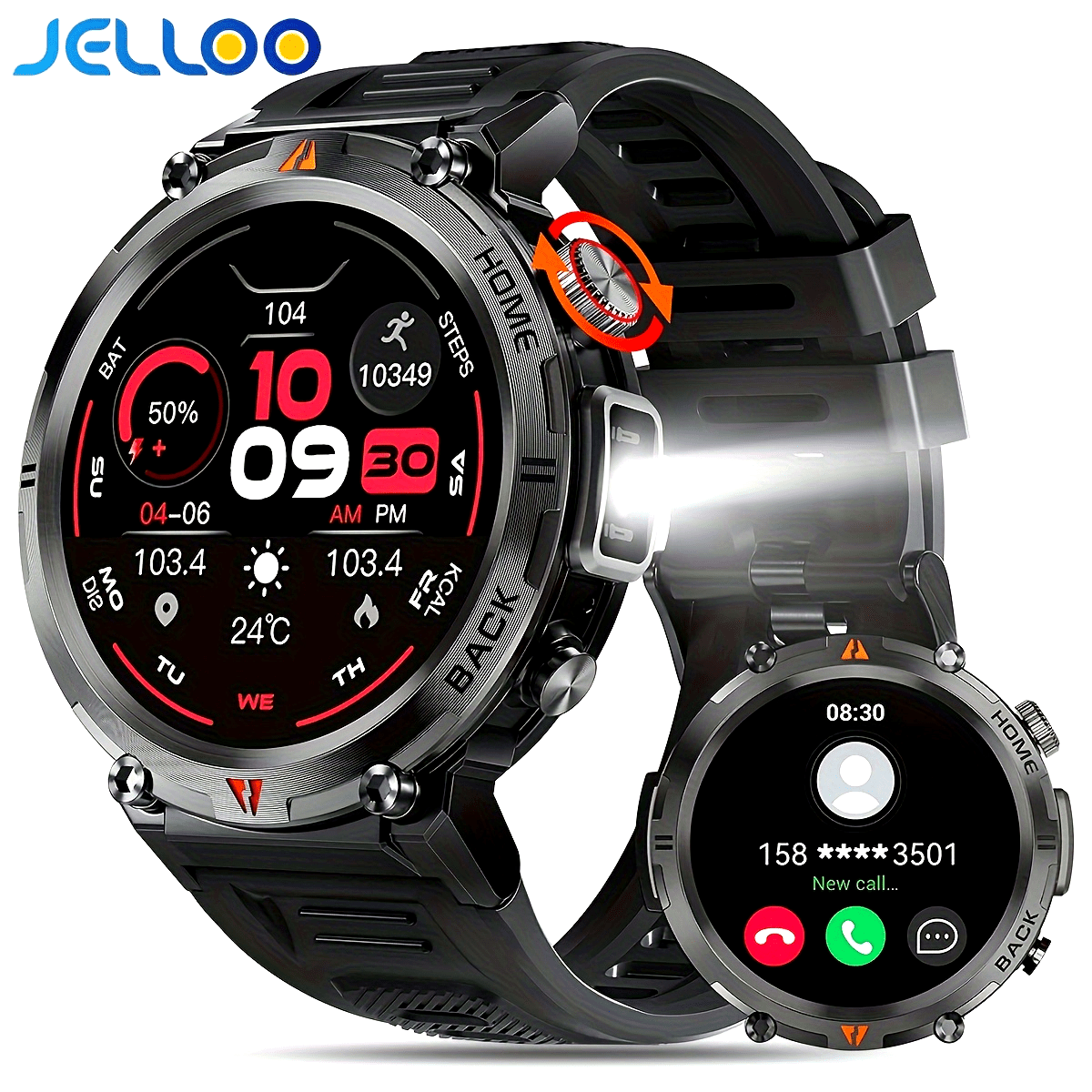 [Smart Watch] JELLOO 1.45 Inch Touchscreen Smart Watch | Fitness Tracker for Men, Answer/Make Calls, Rechargeable Battery, Zinc Alloy Body, Silicone Strap - Ideal for iPhone & Android, Minimalist Watch Design, Durable Watchba