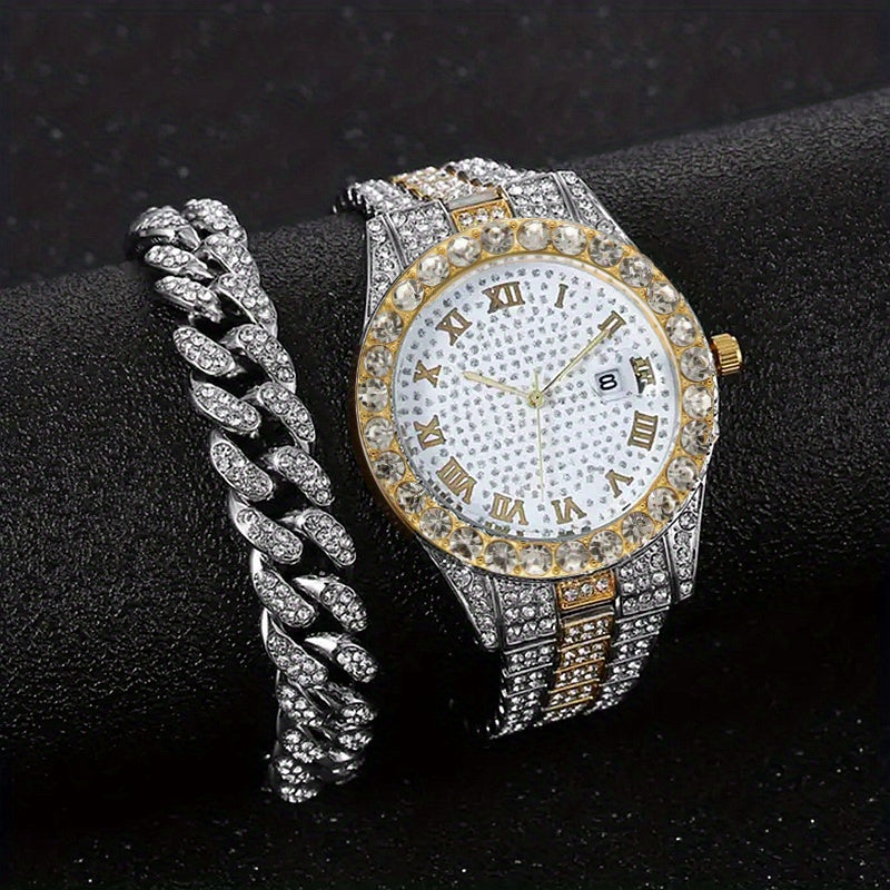 Men's Hip-Hop Inspired Rhinestone Watch with Cuban Bracelet - Street Style Alloy Band, Quartz Movement, Street Street Style
