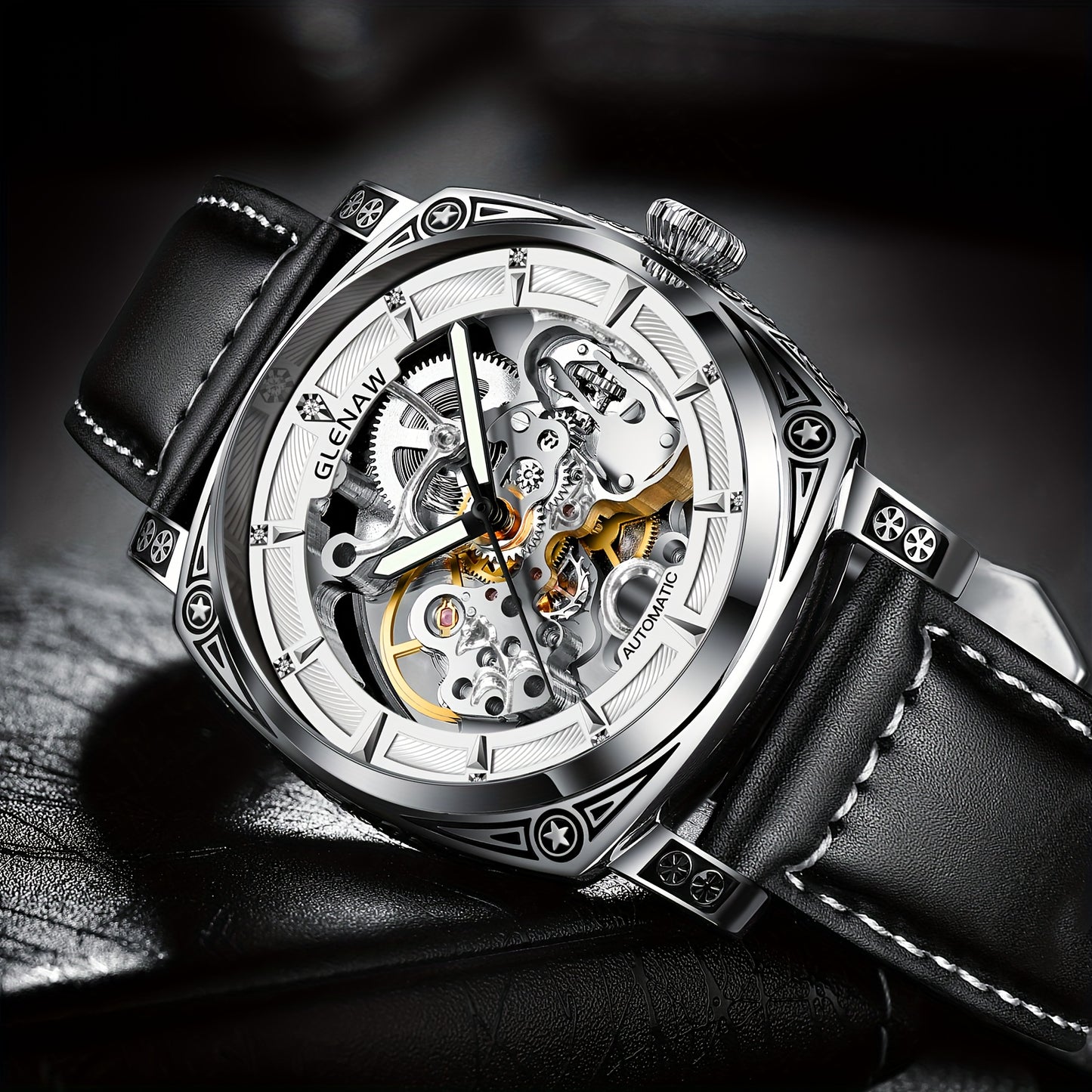 Elegant Vintage-Style Men's Automatic Watch with Hollow-Out Rhinestone Dial, Stainless Steel 30M Waterproof – Ideal Gift Choice