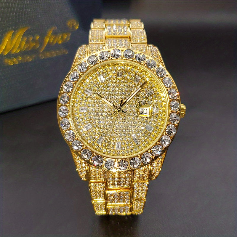 Men's Faux Diamond Quartz Watch, Hip Hop Rock Fashion Calendar Watch, Ideal Choice For Gifts