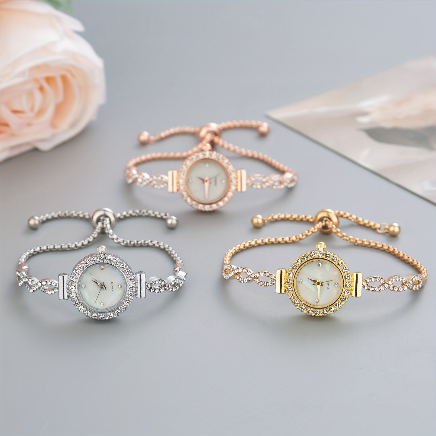 Women's Watch Luxury Rhinestone Quartz Bracelet Watch Elegant Iridescent Dial Analog Wrist Watch