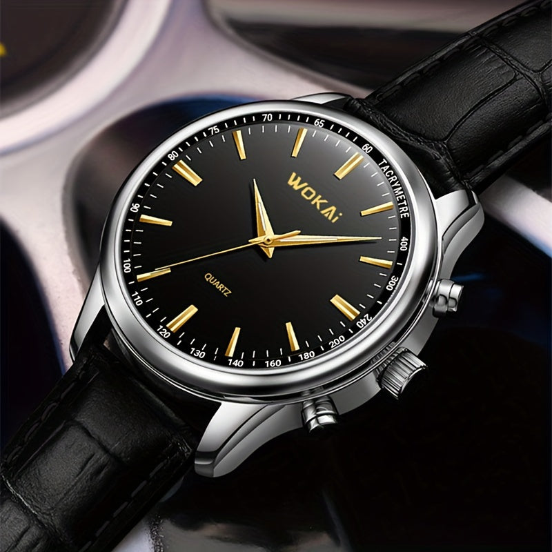 [Popular Choice] TOOP Men's Elegant Business Quartz Watch - Sophisticated Blue Dial with Golden-Tone Hands, Faux Leather Strap, Date Display, Non-Waterproof, Round Plastic Case, Simple, Quartz Watch