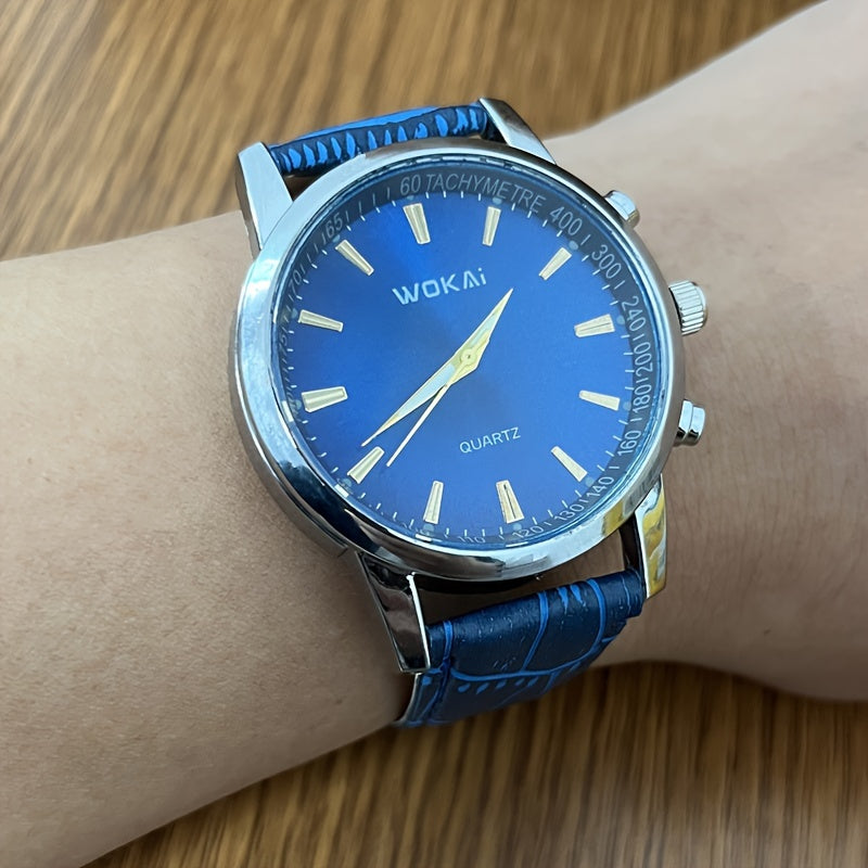 [Popular Choice] TOOP Men's Elegant Business Quartz Watch - Sophisticated Blue Dial with Golden-Tone Hands, Faux Leather Strap, Date Display, Non-Waterproof, Round Plastic Case, Simple, Quartz Watch
