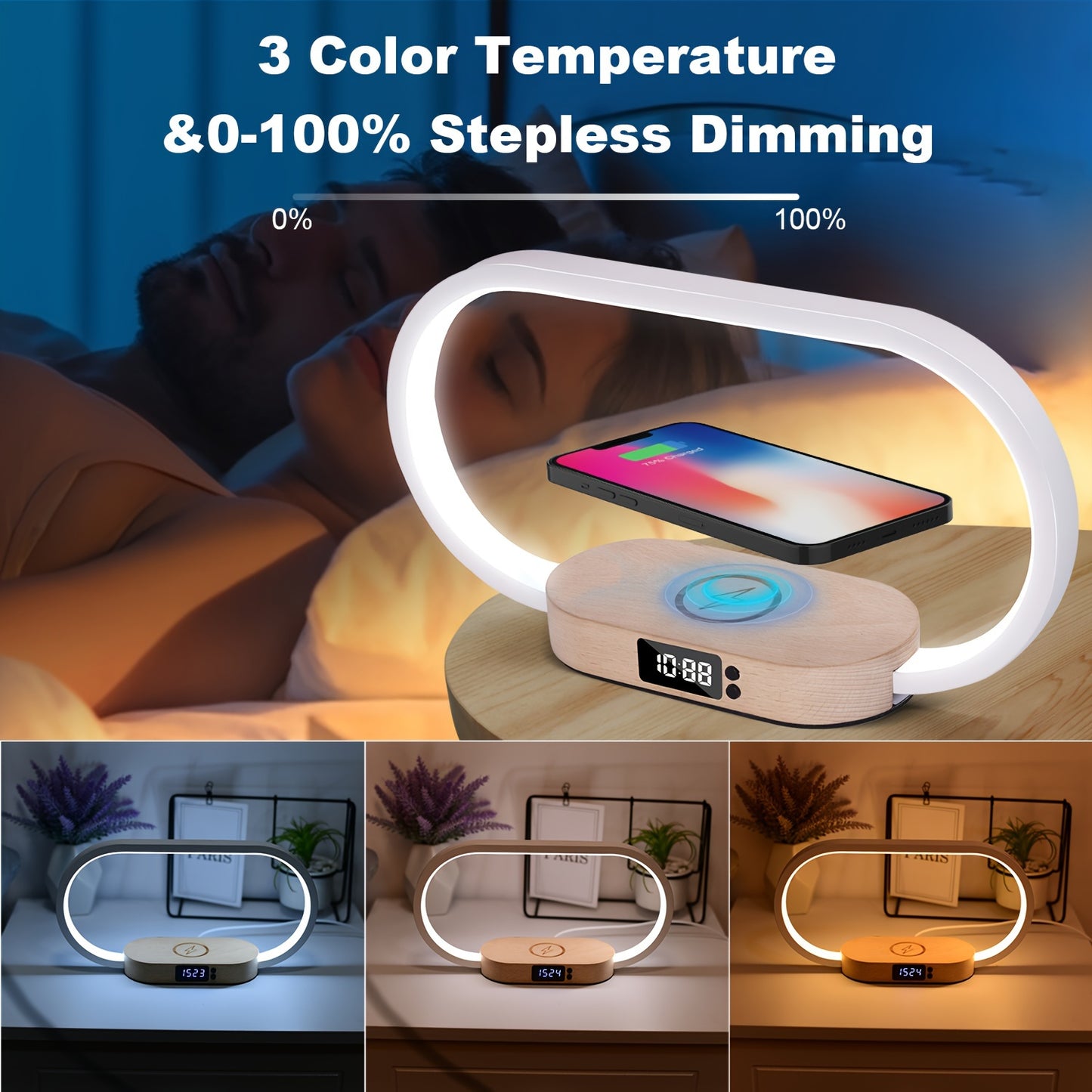 10W multifunctional wireless charging station, watch, LED desk light, night light, USB port, fast charging station for iPhone, Samsung, and Xiaomi phones
