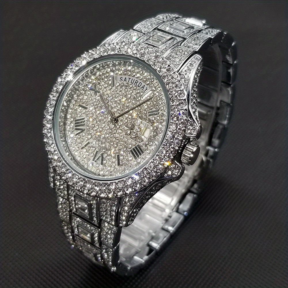 Elegant Golden Quartz Men's Watch - Waterproof, Date Function, with Sparkling Faux Diamonds