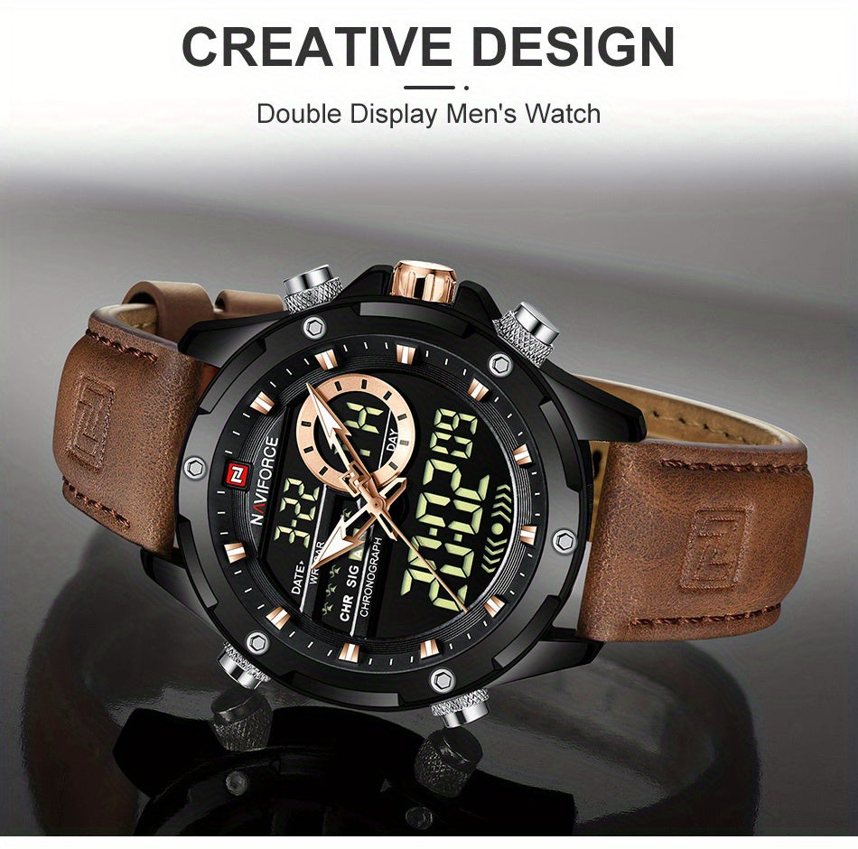 NAVIFORCE Men's Waterproof LED Dual Display Quartz Watch, Big Dial Chronograph Function Watch