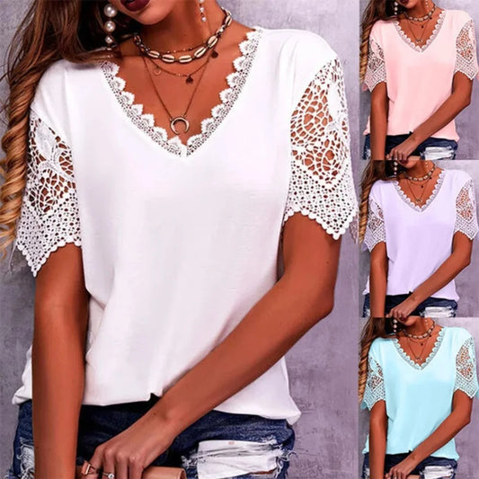 Vintage Fashion Lace Trendy Women T Shirts Casual Elegant Chic Oversized Blouses Tees Solid Color Streetwear Tops Women Clothing