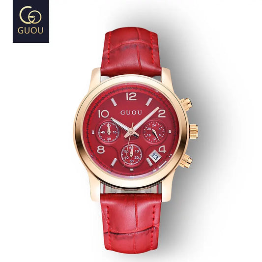 GUOU Ladies Watch Japanese Movement Multi-Function Calendar Steel Band Quartz Waterproof Women's Watch Birthday Gift