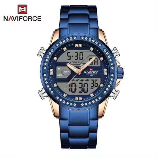 NAVIFORC Hot Sellers Waterproof Luxury Men Dual Display Gold Diamond Watches Stainless Steel Chronograph Sport Watches for Male