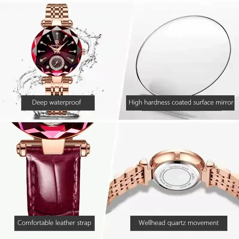 POEDAGAR 719 Women's Business Watch Quartz Leather Strap Starry Dial Luxury Diamond Watches for Women Fashion Lady Wristwatch