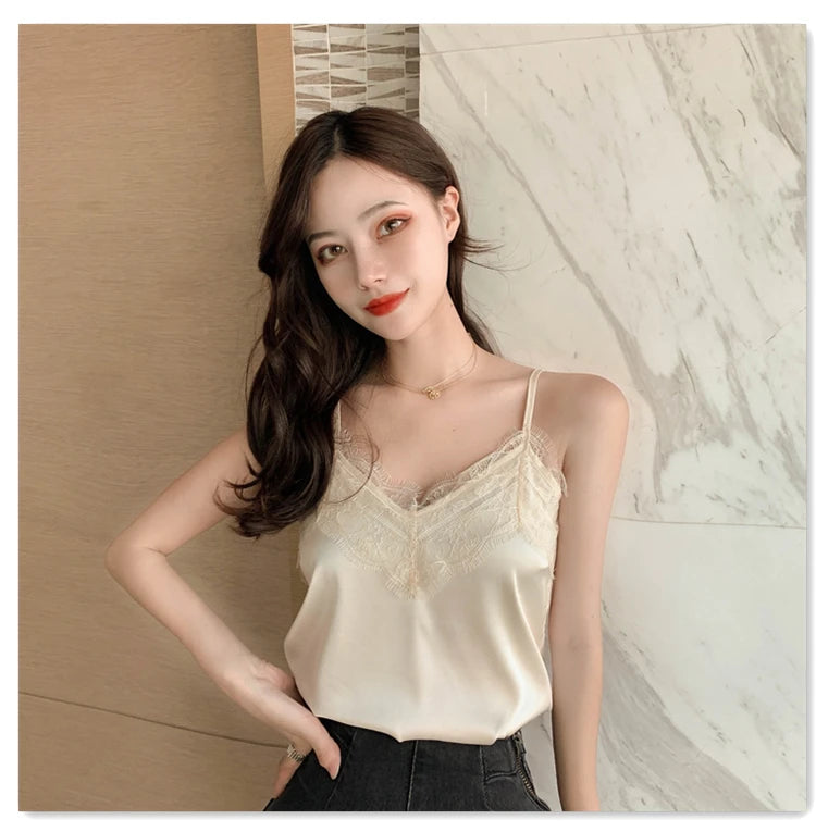 Summer with Lace Silk Top Cami for Women Spaghetti Strap Top Tank Ladies Tops White Camis Basic Tops Women 2023 Summer Fashion