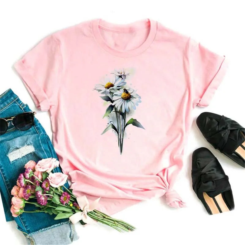 Fashion Red Poppy Women T Shirt Funny Black Printed Tops Tee Female Short Sleeve Tshirt Harajuku Tee Shirts 90s Girls T-shirts
