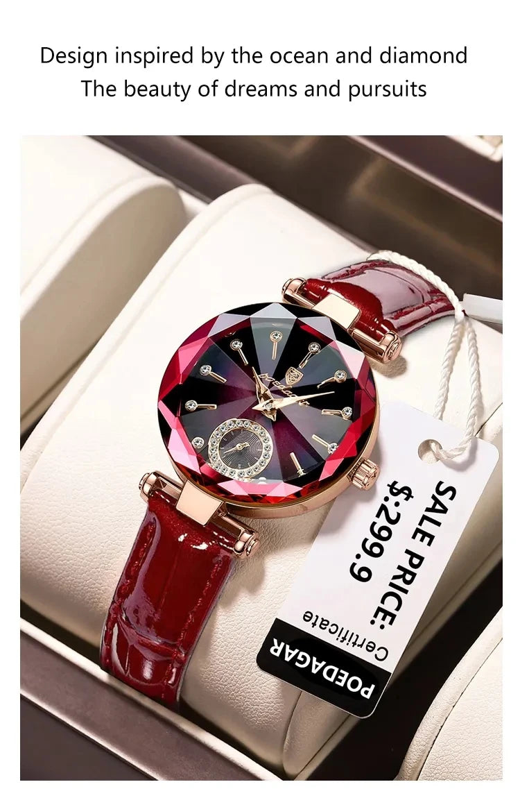POEDAGAR 719 Women's Business Watch Quartz Leather Strap Starry Dial Luxury Diamond Watches for Women Fashion Lady Wristwatch