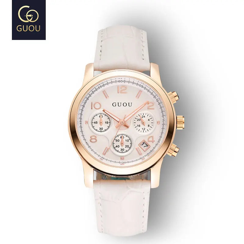 GUOU Ladies Watch Japanese Movement Multi-Function Calendar Steel Band Quartz Waterproof Women's Watch Birthday Gift