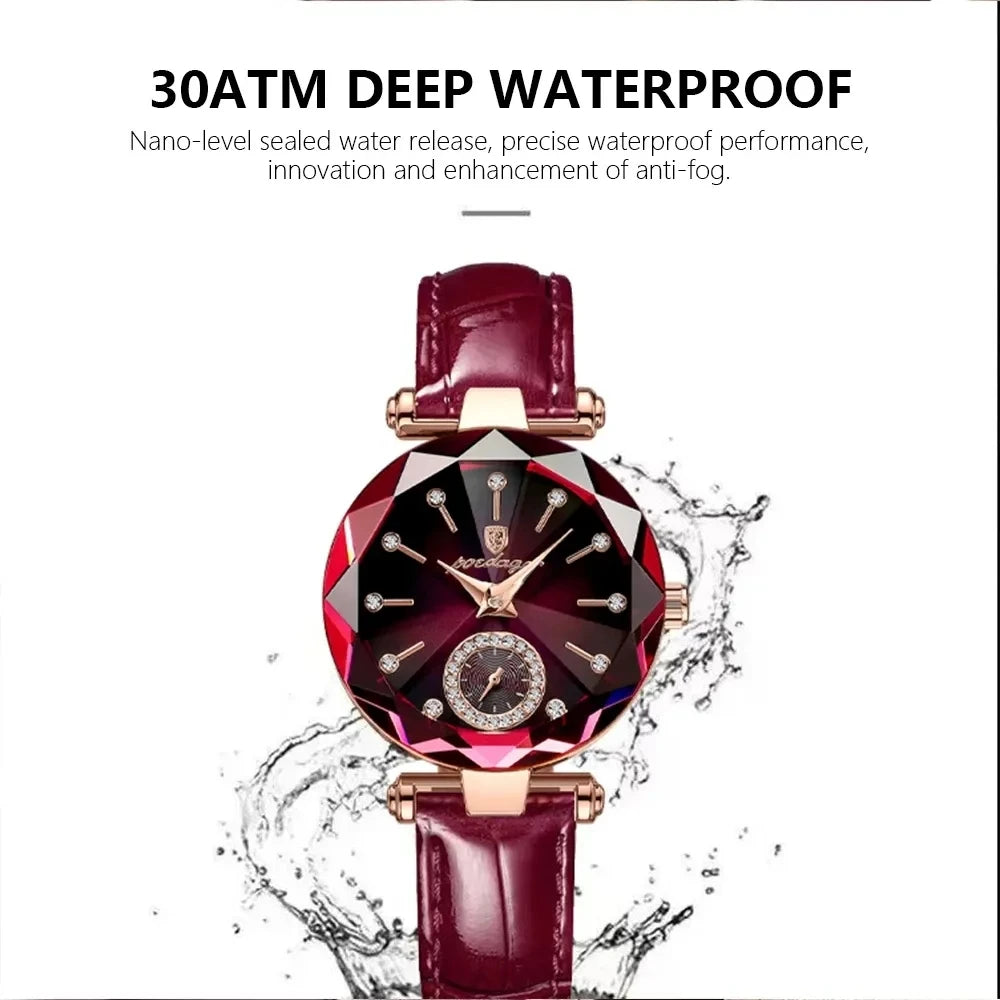 POEDAGAR 719 Women's Business Watch Quartz Leather Strap Starry Dial Luxury Diamond Watches for Women Fashion Lady Wristwatch