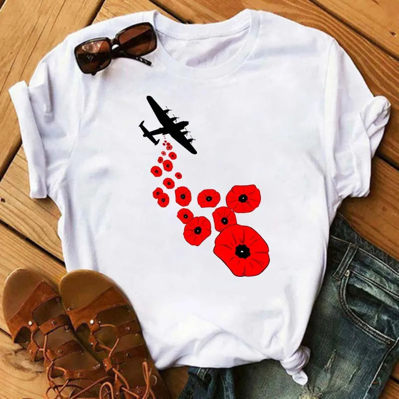 Fashion Red Poppy Women T Shirt Funny Black Printed Tops Tee Female Short Sleeve Tshirt Harajuku Tee Shirts 90s Girls T-shirts