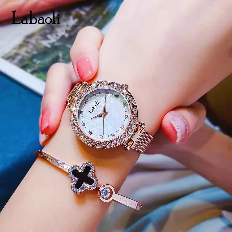 Labaoli LA092 092 Top Women 30M Life Waterproof Alloy Case Charm Fashion Ladies Watch Mesh Steel Belt Luxury Round Shape Female