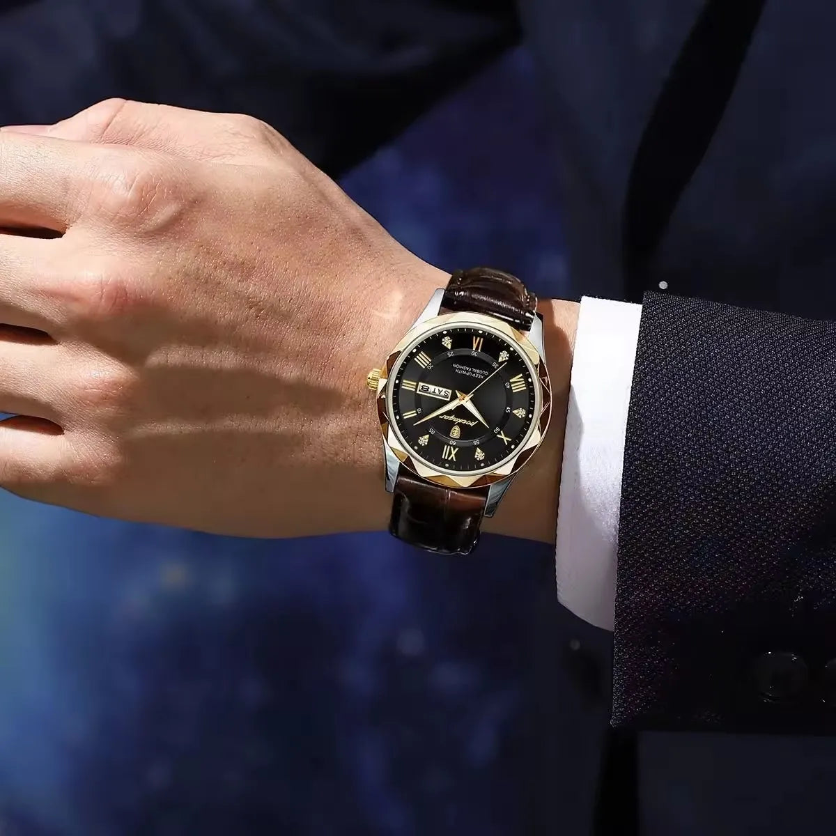 POEDAGAR 615 Business Man Wristwatch  Date Week Montre Homme Reloj Quartz Clock Leather Watch Waterproof Luminous Watch for Men