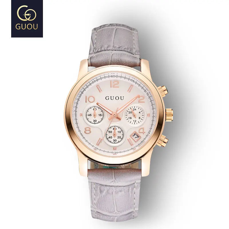 GUOU Ladies Watch Japanese Movement Multi-Function Calendar Steel Band Quartz Waterproof Women's Watch Birthday Gift