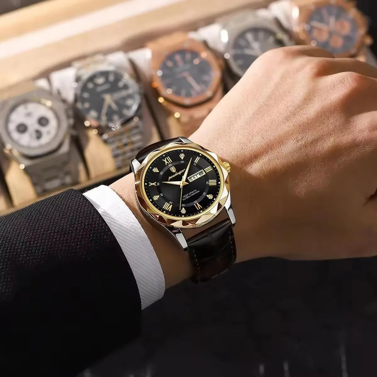 POEDAGAR 615 Business Man Wristwatch  Date Week Montre Homme Reloj Quartz Clock Leather Watch Waterproof Luminous Watch for Men