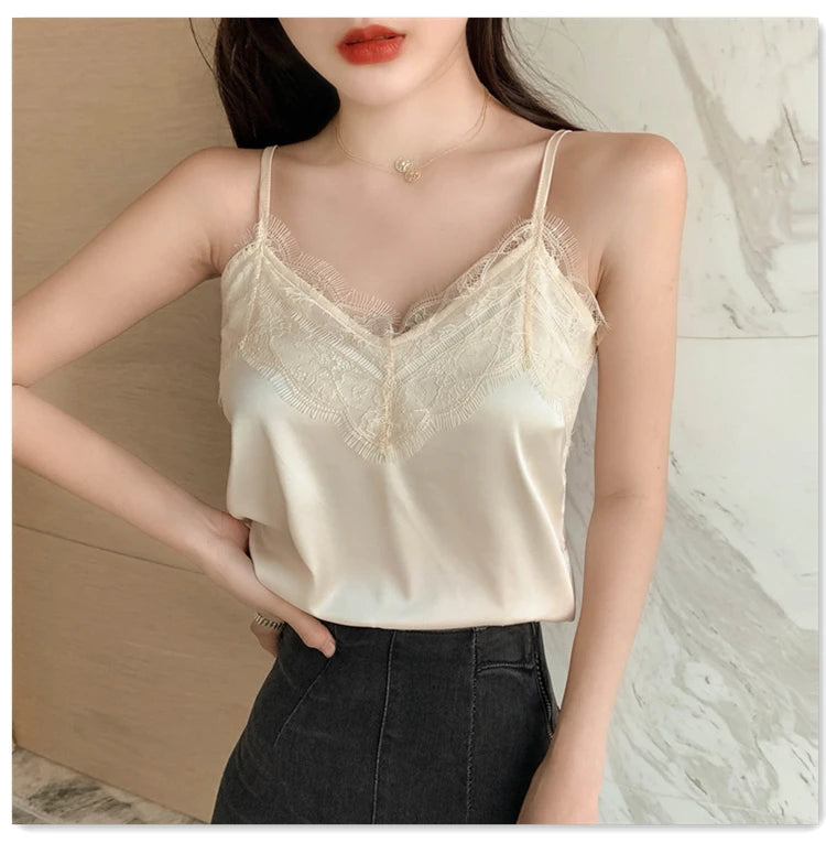 Summer with Lace Silk Top Cami for Women Spaghetti Strap Top Tank Ladies Tops White Camis Basic Tops Women 2023 Summer Fashion