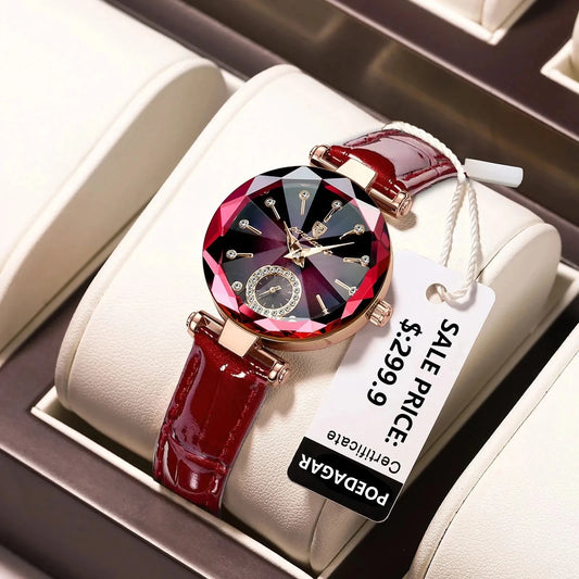 POEDAGAR 719 Women's Business Watch Quartz Leather Strap Starry Dial Luxury Diamond Watches for Women Fashion Lady Wristwatch