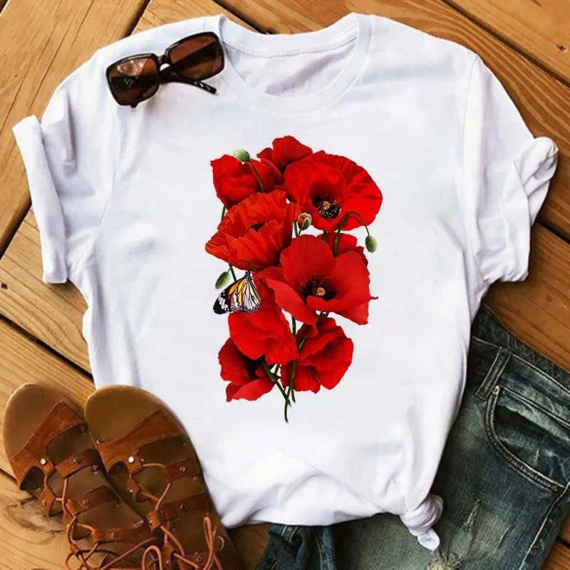 Fashion Red Poppy Women T Shirt Funny Black Printed Tops Tee Female Short Sleeve Tshirt Harajuku Tee Shirts 90s Girls T-shirts