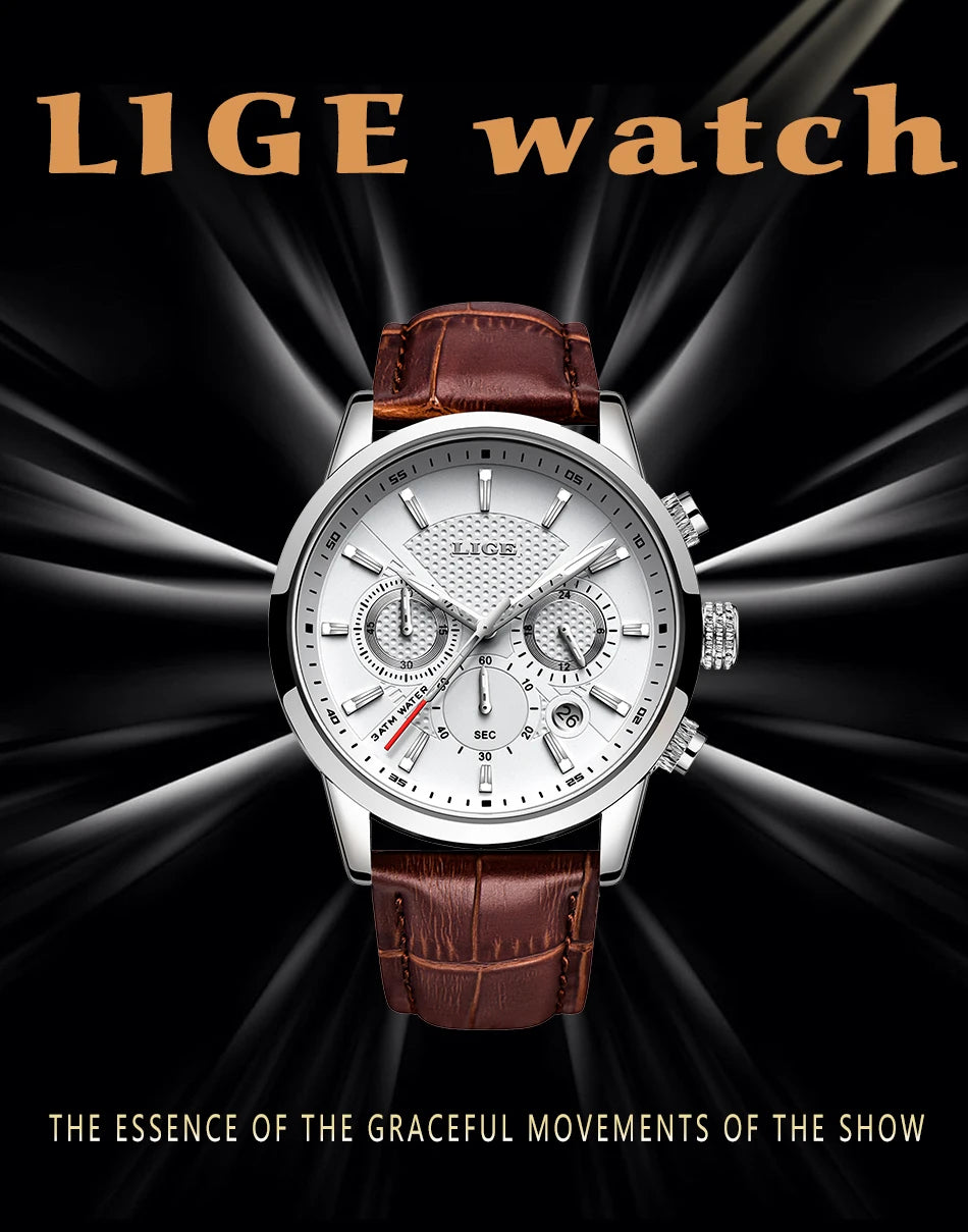 2025 LIGE Top Brand Luxury Casual Leather Quartz Men Watch Man Business Clock Male Sport Waterproof Date Chronograph Men Watches