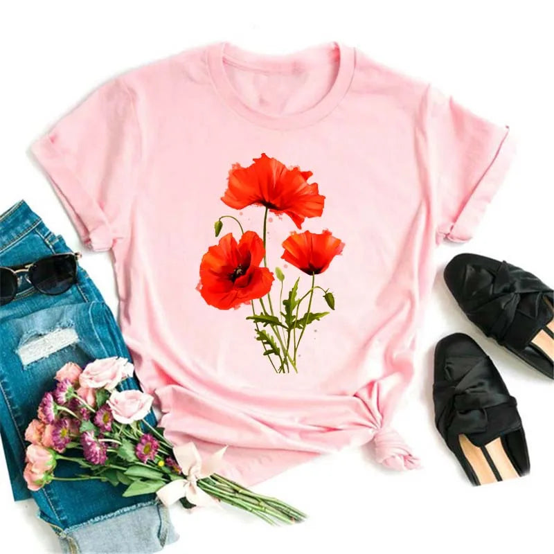 Fashion Red Poppy Women T Shirt Funny Black Printed Tops Tee Female Short Sleeve Tshirt Harajuku Tee Shirts 90s Girls T-shirts