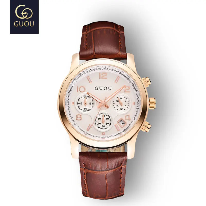 GUOU Ladies Watch Japanese Movement Multi-Function Calendar Steel Band Quartz Waterproof Women's Watch Birthday Gift