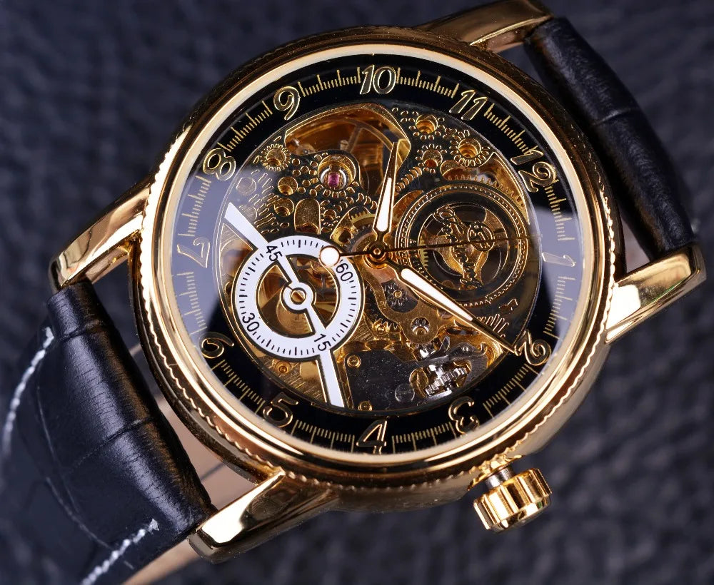 2023 Forsining Hollow Engraving  Casual Designer Black Golden Case Gear Bezel Watches Men Luxury Brand Automatic