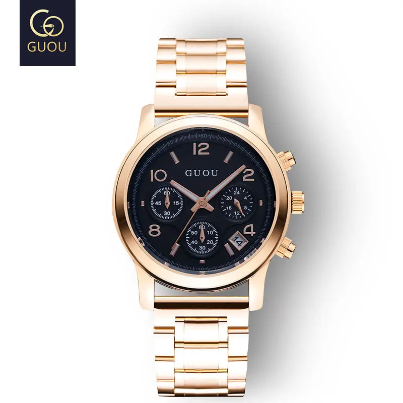 GUOU Ladies Watch Japanese Movement Multi-Function Calendar Steel Band Quartz Waterproof Women's Watch Birthday Gift
