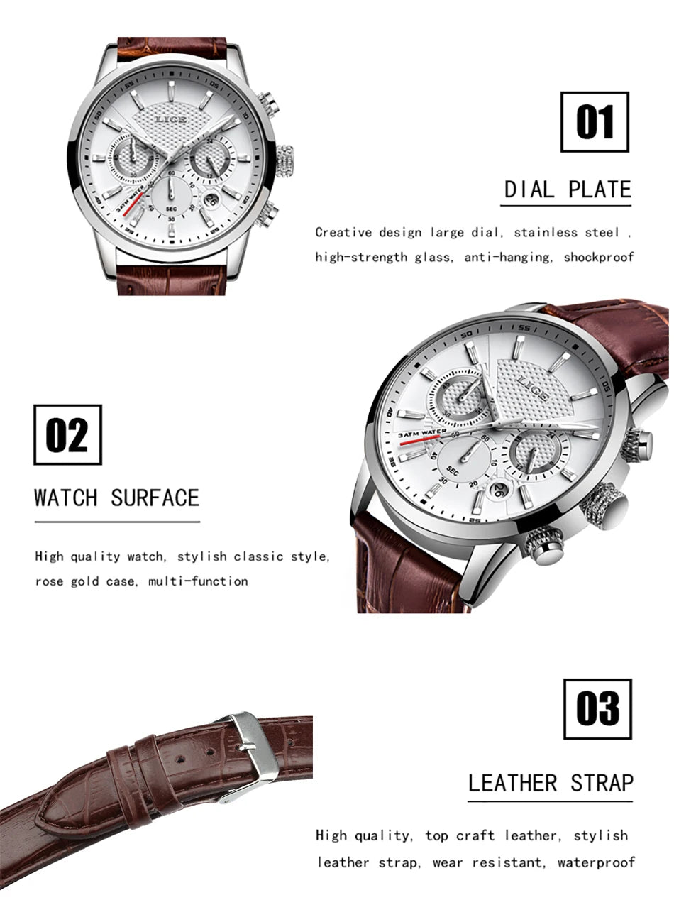 2025 LIGE Top Brand Luxury Casual Leather Quartz Men Watch Man Business Clock Male Sport Waterproof Date Chronograph Men Watches