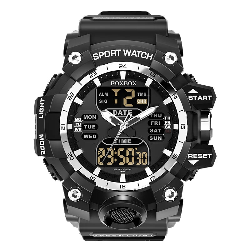 LIGE FB0029 Men Sport Digital Chronograph Alarm Watch with Big Red Dial 5Bar Waterproof Luminous Stop Watch Wristwatch Sport Box