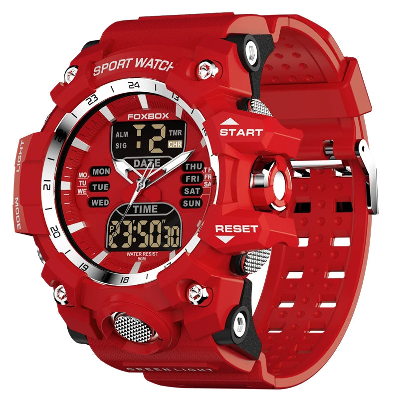 LIGE FB0029 Men Sport Digital Chronograph Alarm Watch with Big Red Dial 5Bar Waterproof Luminous Stop Watch Wristwatch Sport Box