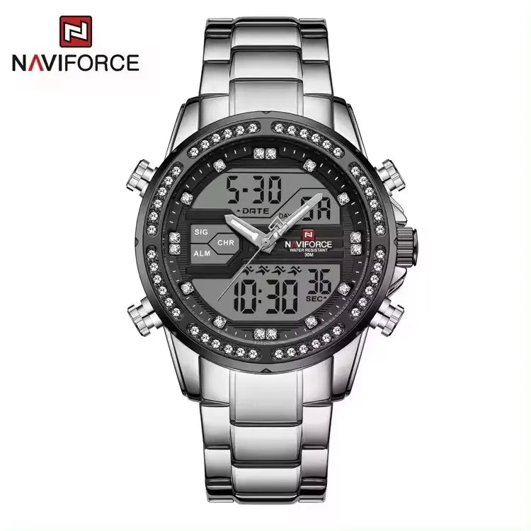 NAVIFORC Hot Sellers Waterproof Luxury Men Dual Display Gold Diamond Watches Stainless Steel Chronograph Sport Watches for Male