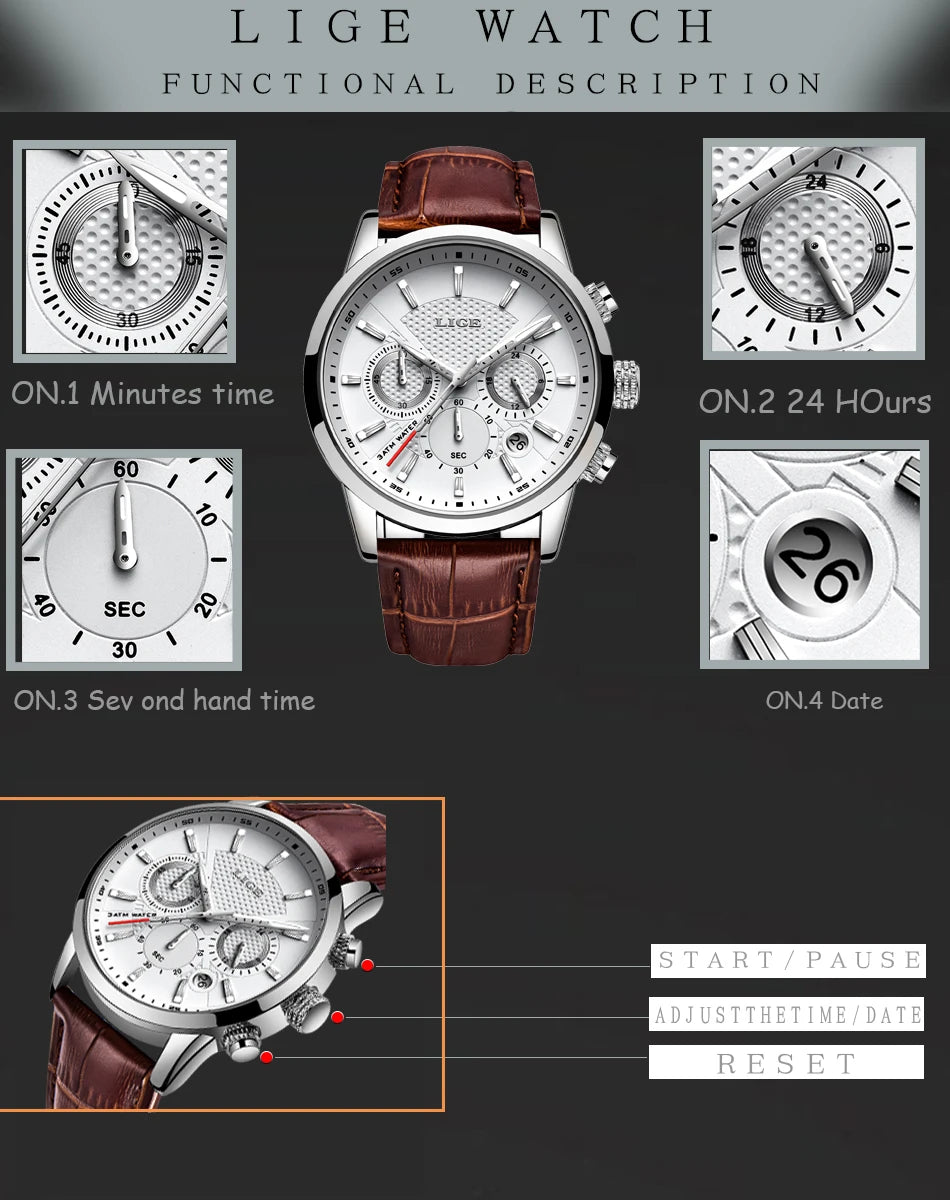 2025 LIGE Top Brand Luxury Casual Leather Quartz Men Watch Man Business Clock Male Sport Waterproof Date Chronograph Men Watches