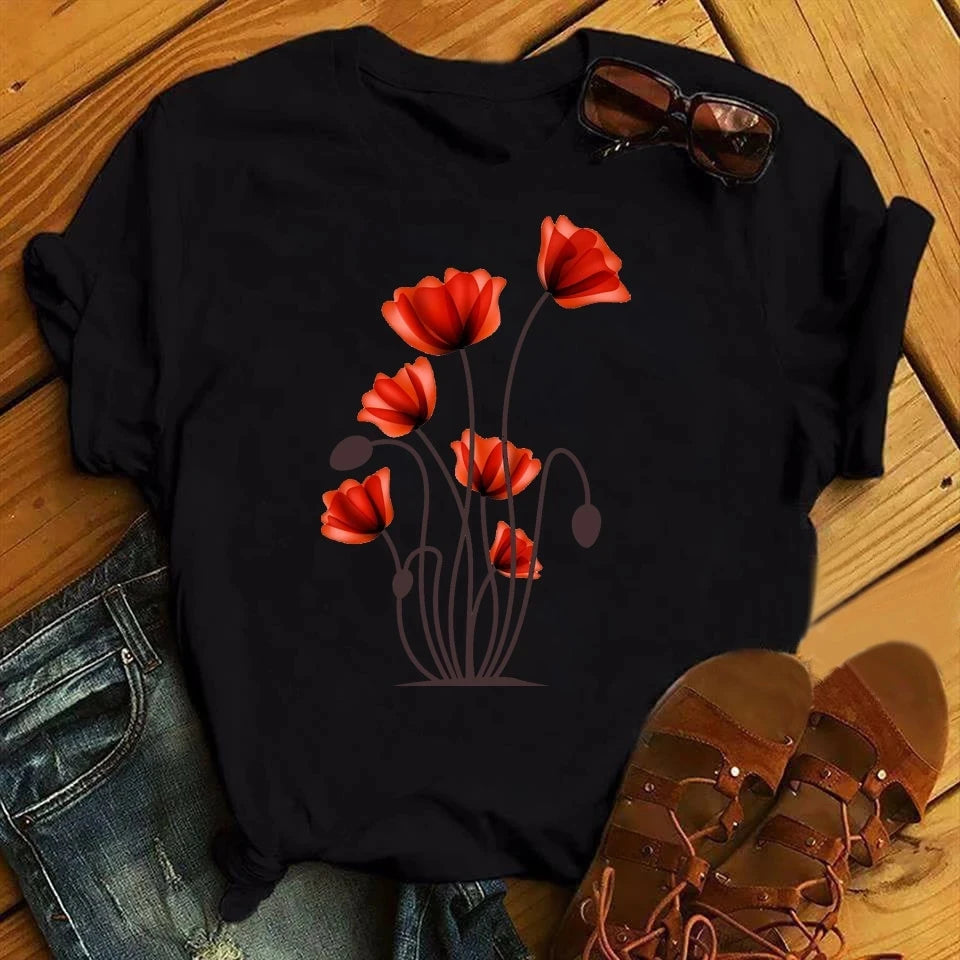 Fashion Red Poppy Women T Shirt Funny Black Printed Tops Tee Female Short Sleeve Tshirt Harajuku Tee Shirts 90s Girls T-shirts