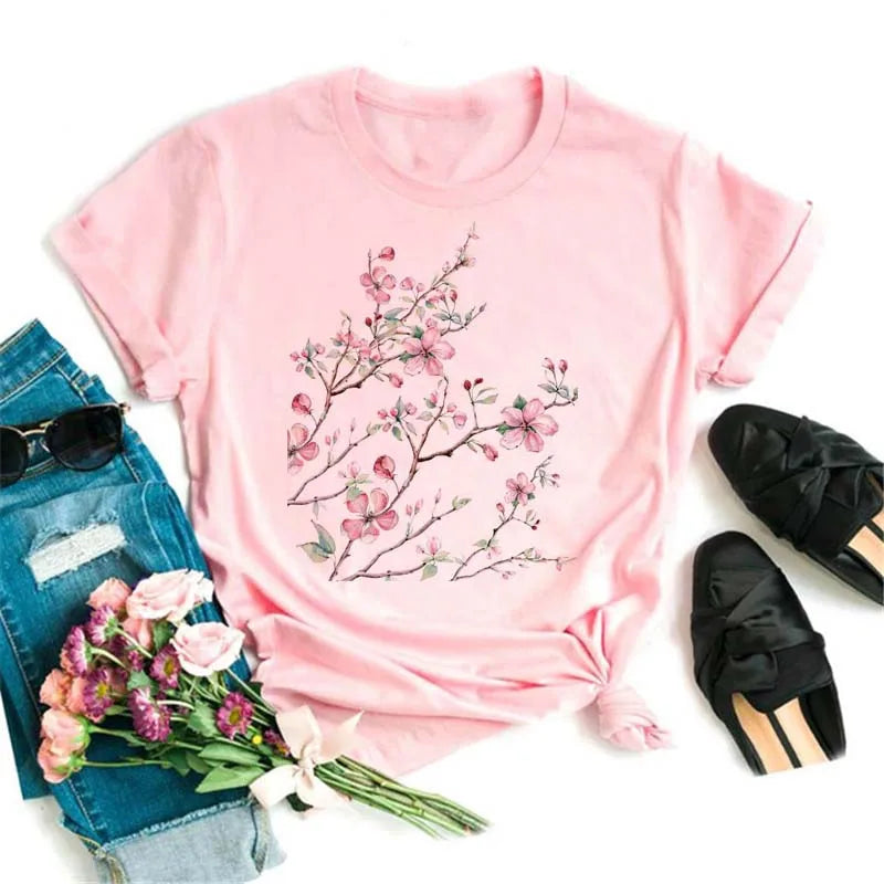 Fashion Red Poppy Women T Shirt Funny Black Printed Tops Tee Female Short Sleeve Tshirt Harajuku Tee Shirts 90s Girls T-shirts
