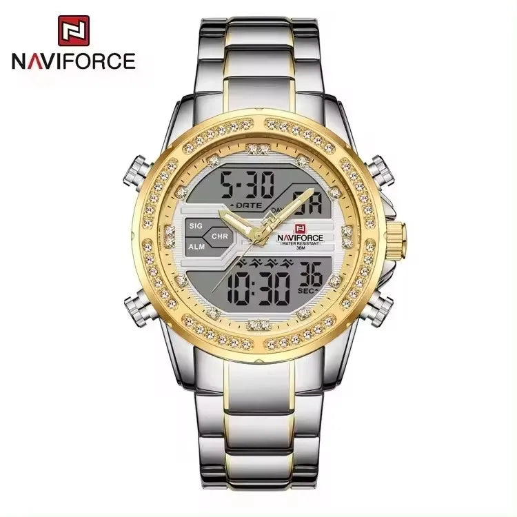 NAVIFORC Hot Sellers Waterproof Luxury Men Dual Display Gold Diamond Watches Stainless Steel Chronograph Sport Watches for Male