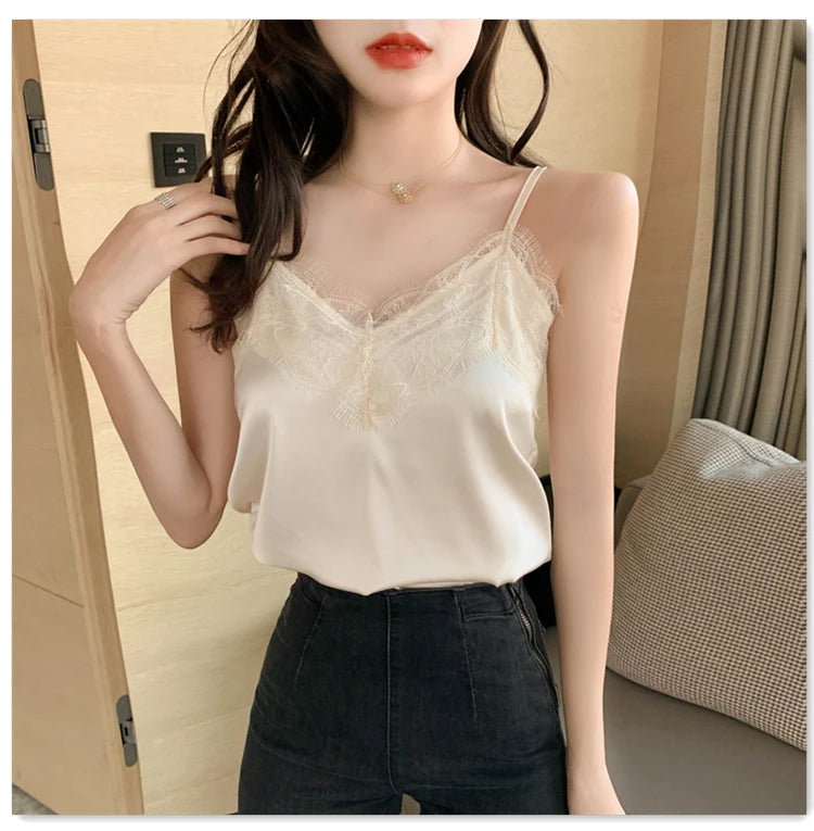 Summer with Lace Silk Top Cami for Women Spaghetti Strap Top Tank Ladies Tops White Camis Basic Tops Women 2023 Summer Fashion