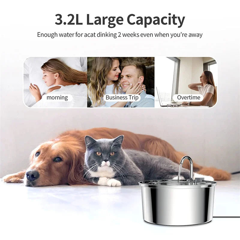 Cat Water Fountain 3.2L Upgraded Stainless Steel Pet Water Fountain Automatic Cat Drinking Water Bowl Dispenser