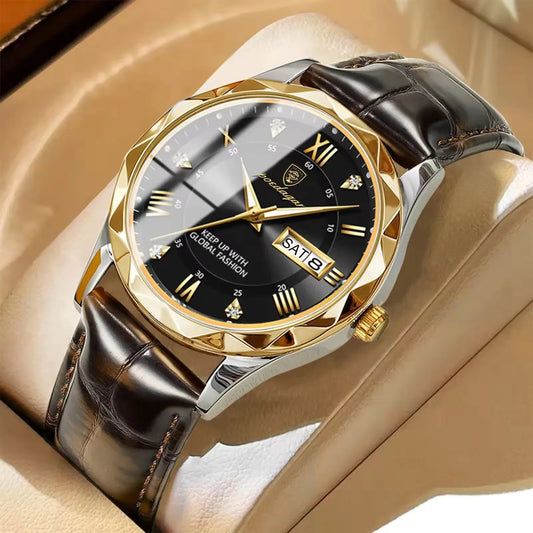 POEDAGAR 615 Business Man Wristwatch  Date Week Montre Homme Reloj Quartz Clock Leather Watch Waterproof Luminous Watch for Men