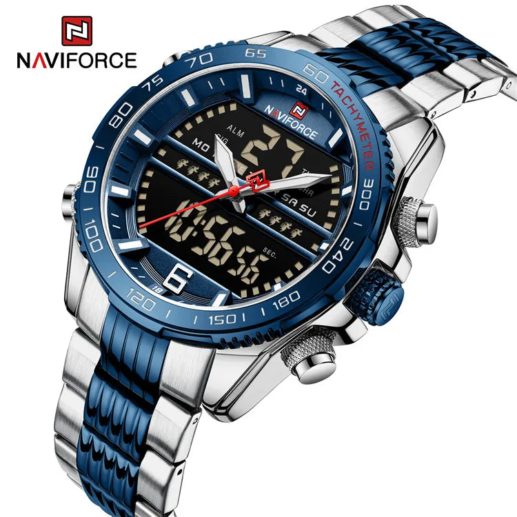 NAVIFORCE 9195S Mens Multi Function Waterproof Sports Watch Fashion Stainless Steel Chain Analog LED Watch