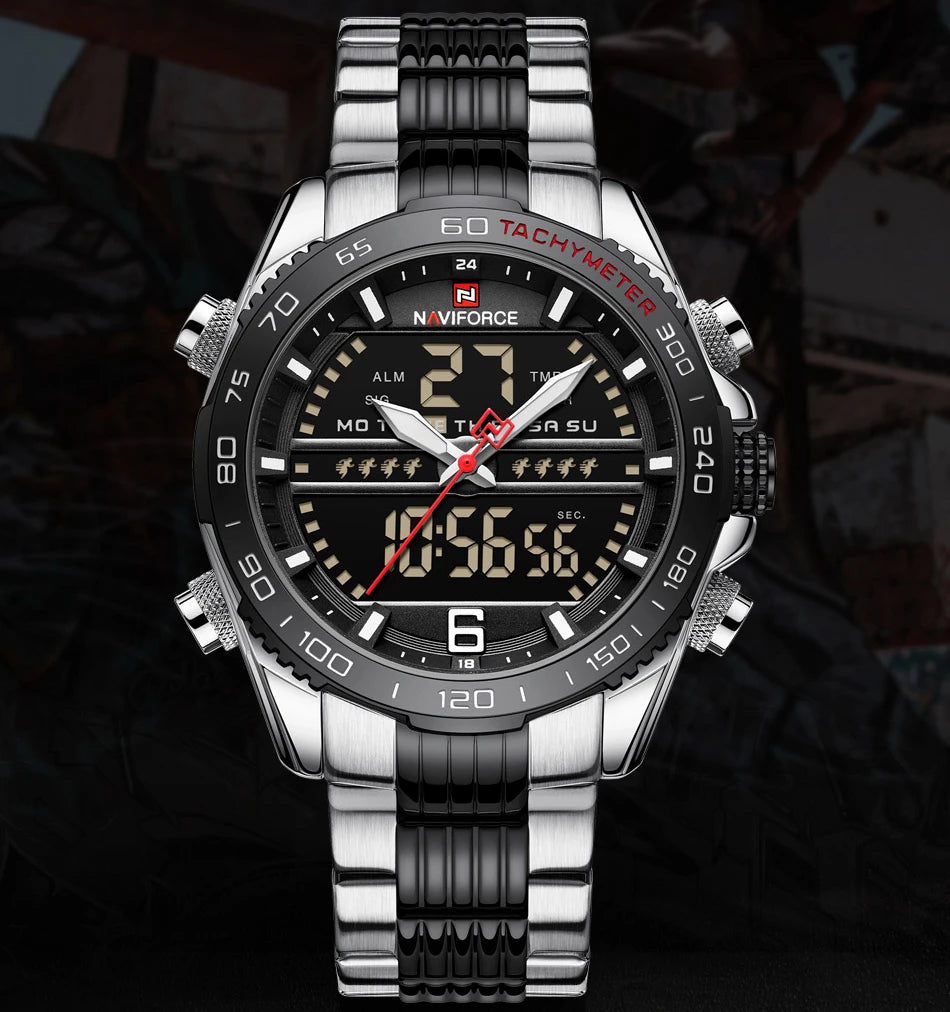 NAVIFORCE 9195S Mens Multi Function Waterproof Sports Watch Fashion Stainless Steel Chain Analog LED Watch