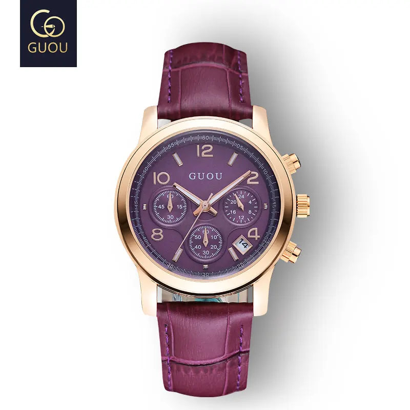 GUOU Ladies Watch Japanese Movement Multi-Function Calendar Steel Band Quartz Waterproof Women's Watch Birthday Gift