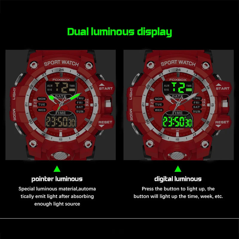 LIGE FB0029 Men Sport Digital Chronograph Alarm Watch with Big Red Dial 5Bar Waterproof Luminous Stop Watch Wristwatch Sport Box